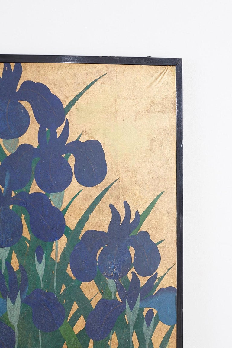 Pair of Japanese Iris Screens on Gilt After Ogata Korin For Sale at 1stDibs