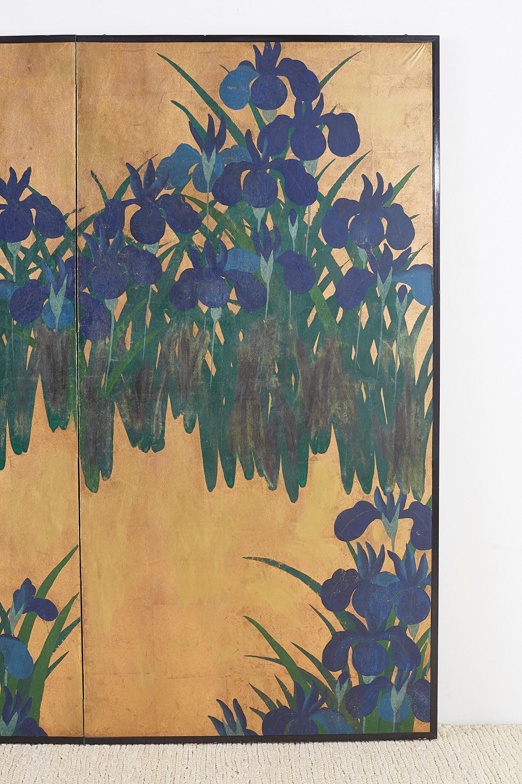 Hand-Crafted Pair of Japanese Iris Screens on Gilt After Ogata Korin