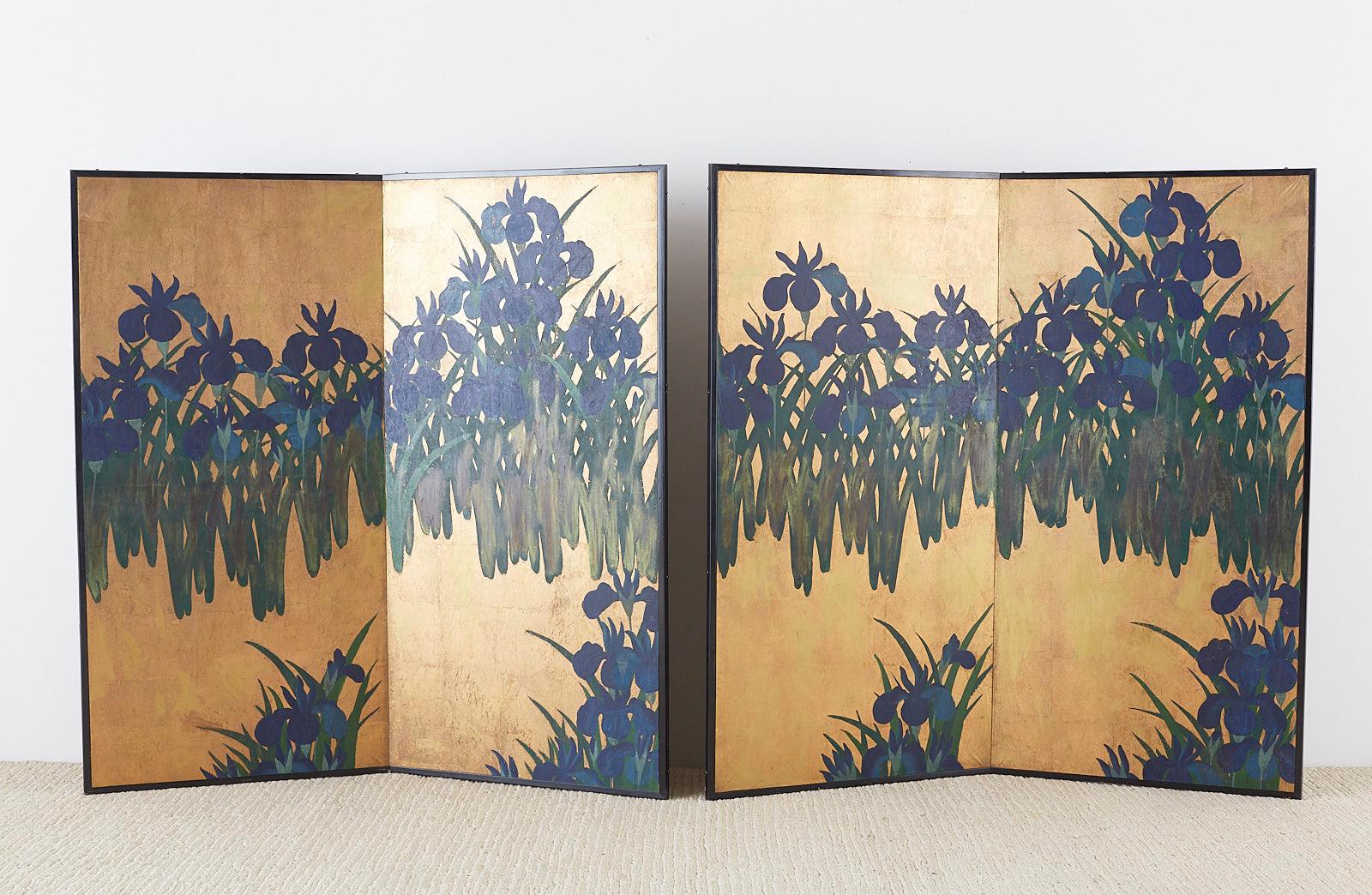 Pair of Japanese Iris Screens on Gilt After Ogata Korin In Good Condition In Rio Vista, CA