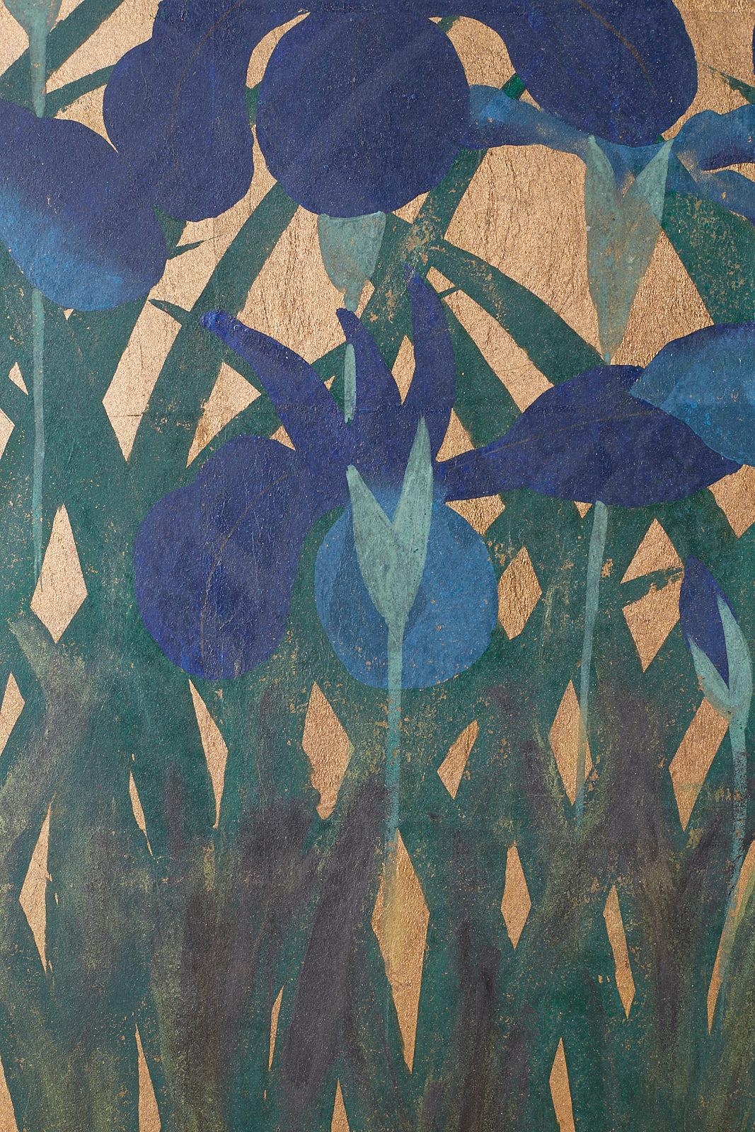 20th Century Pair of Japanese Iris Screens on Gilt After Ogata Korin