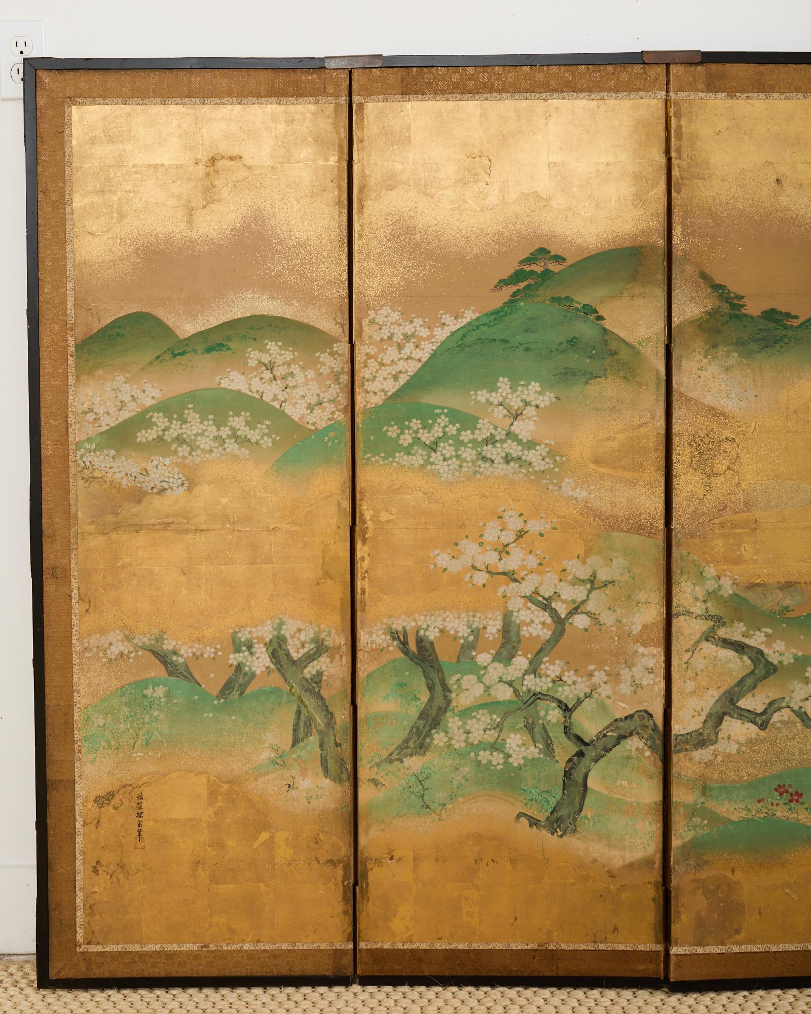 Pair of Japanese Kano Screens Flowering Cherry of Yoshino Mountain 3