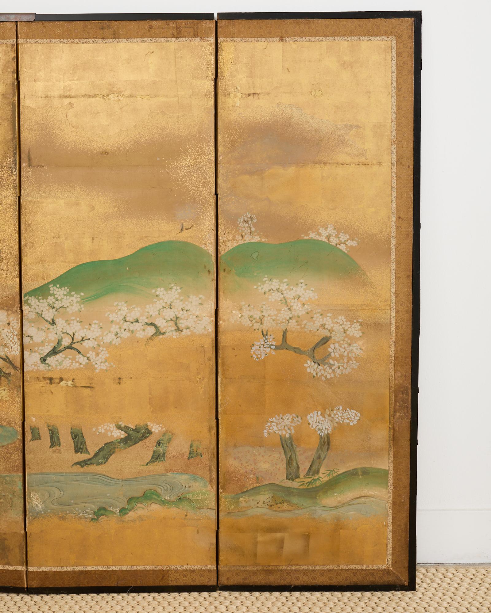 Pair of Japanese Kano Screens Flowering Cherry of Yoshino Mountain 5