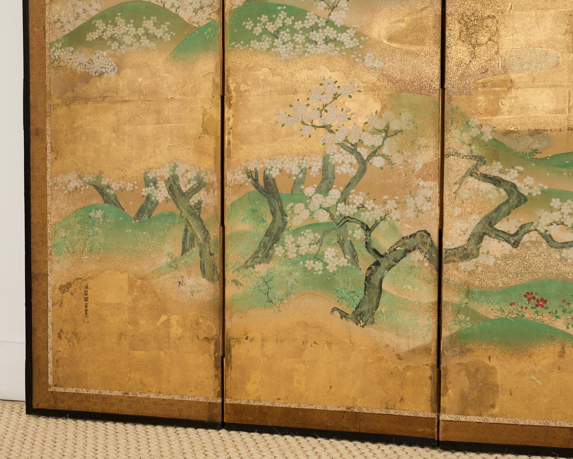 Pair of Japanese Kano Screens Flowering Cherry of Yoshino Mountain 7