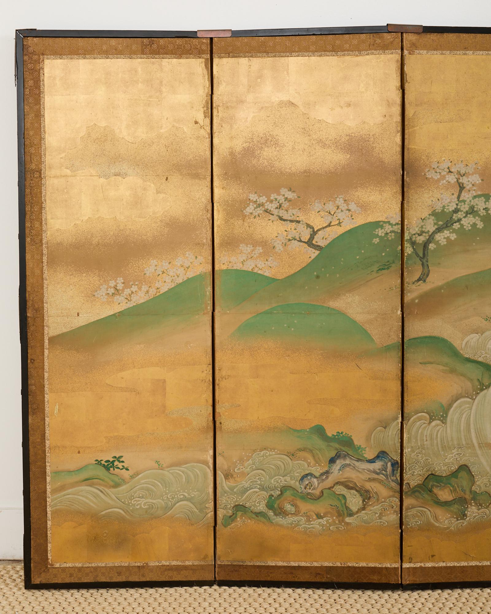 Edo Pair of Japanese Kano Screens Flowering Cherry of Yoshino Mountain