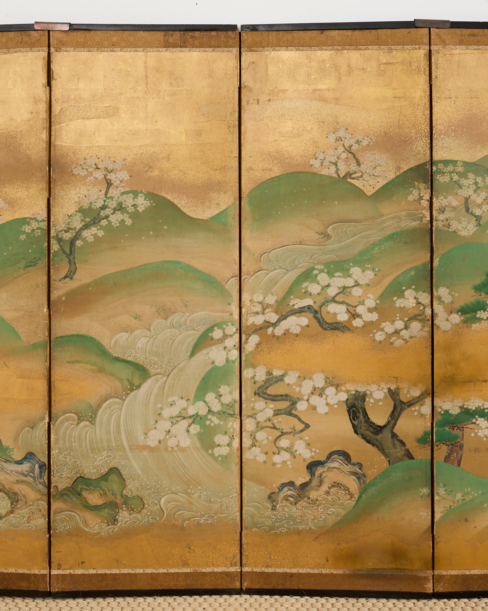Hand-Crafted Pair of Japanese Kano Screens Flowering Cherry of Yoshino Mountain