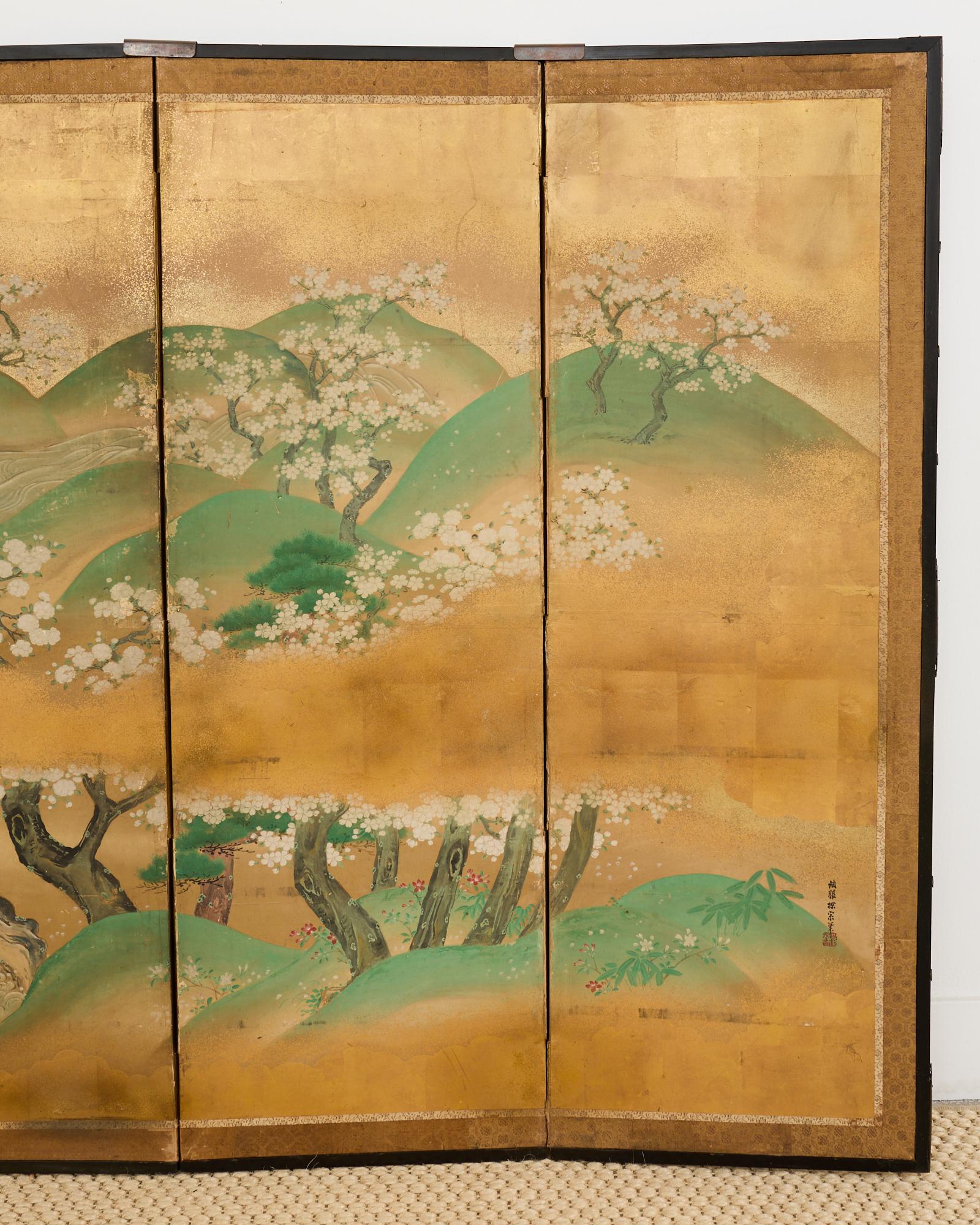 Pair of Japanese Kano Screens Flowering Cherry of Yoshino Mountain In Distressed Condition In Rio Vista, CA