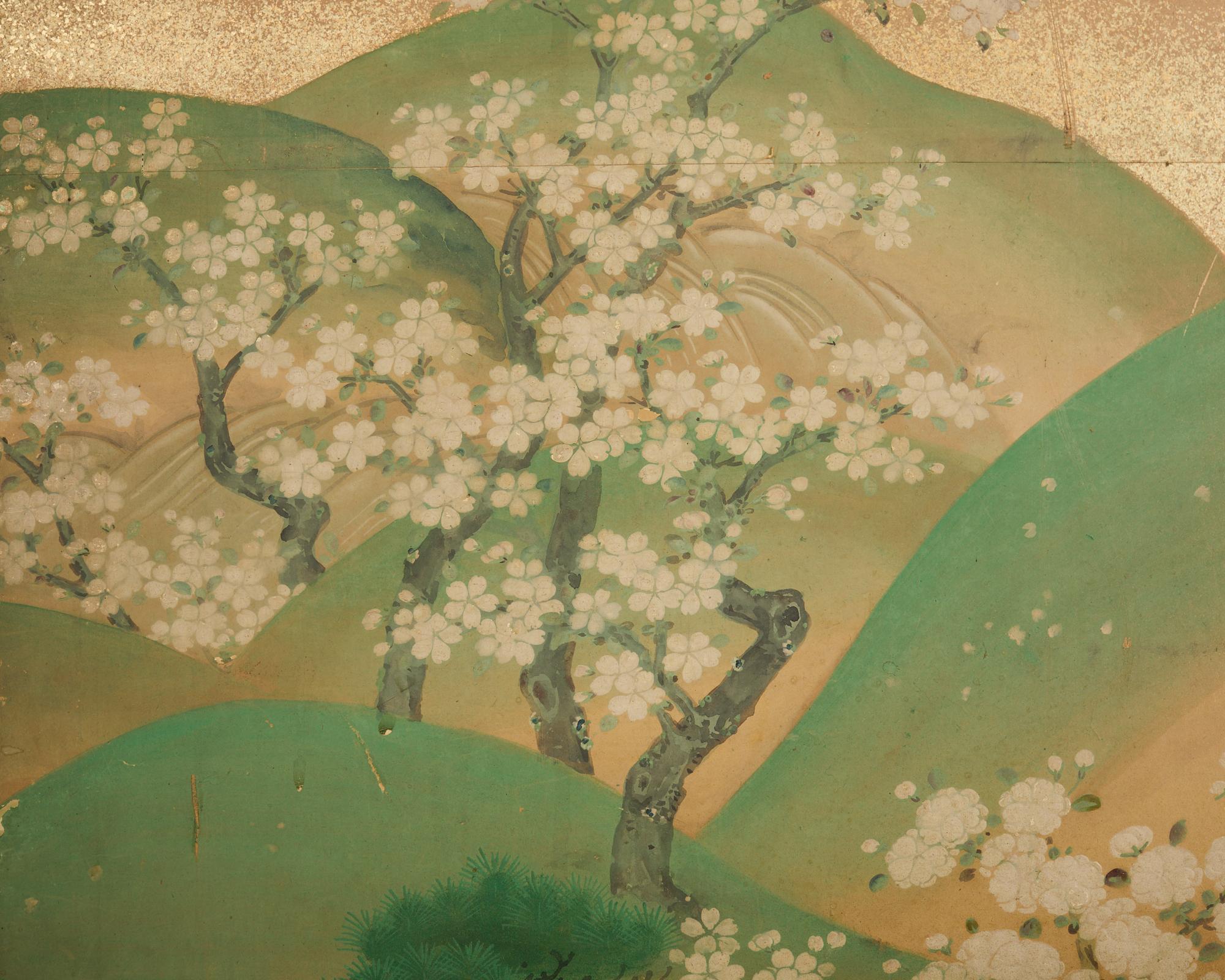 Brass Pair of Japanese Kano Screens Flowering Cherry of Yoshino Mountain