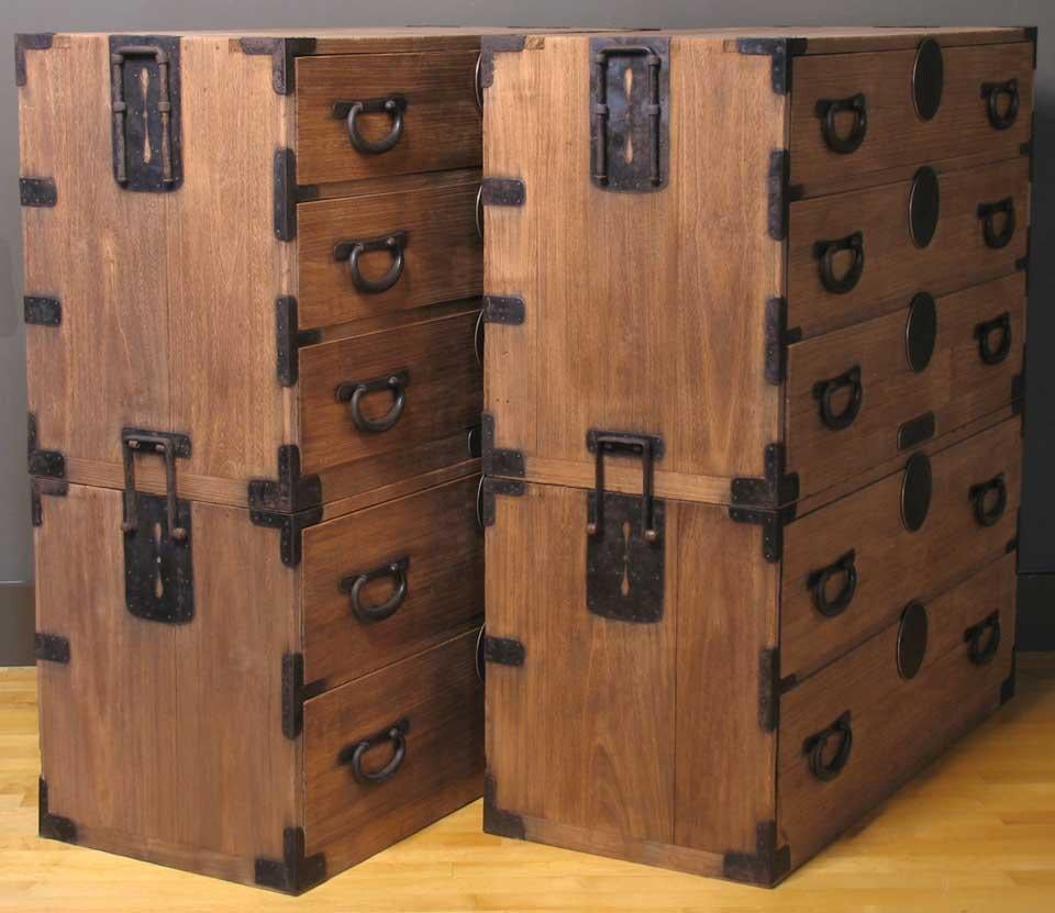 Forged Pair of Japanese Kiri 2-Section Tansu Clothing Storage Chest