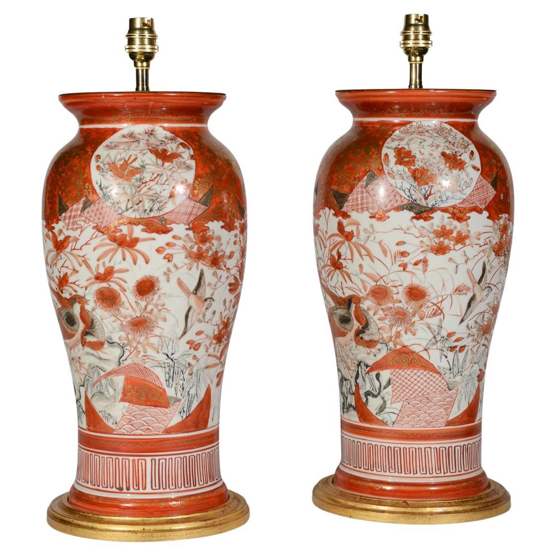 Paire de lampes de table japonaises anciennes Kutani du 19e siècle  en vente