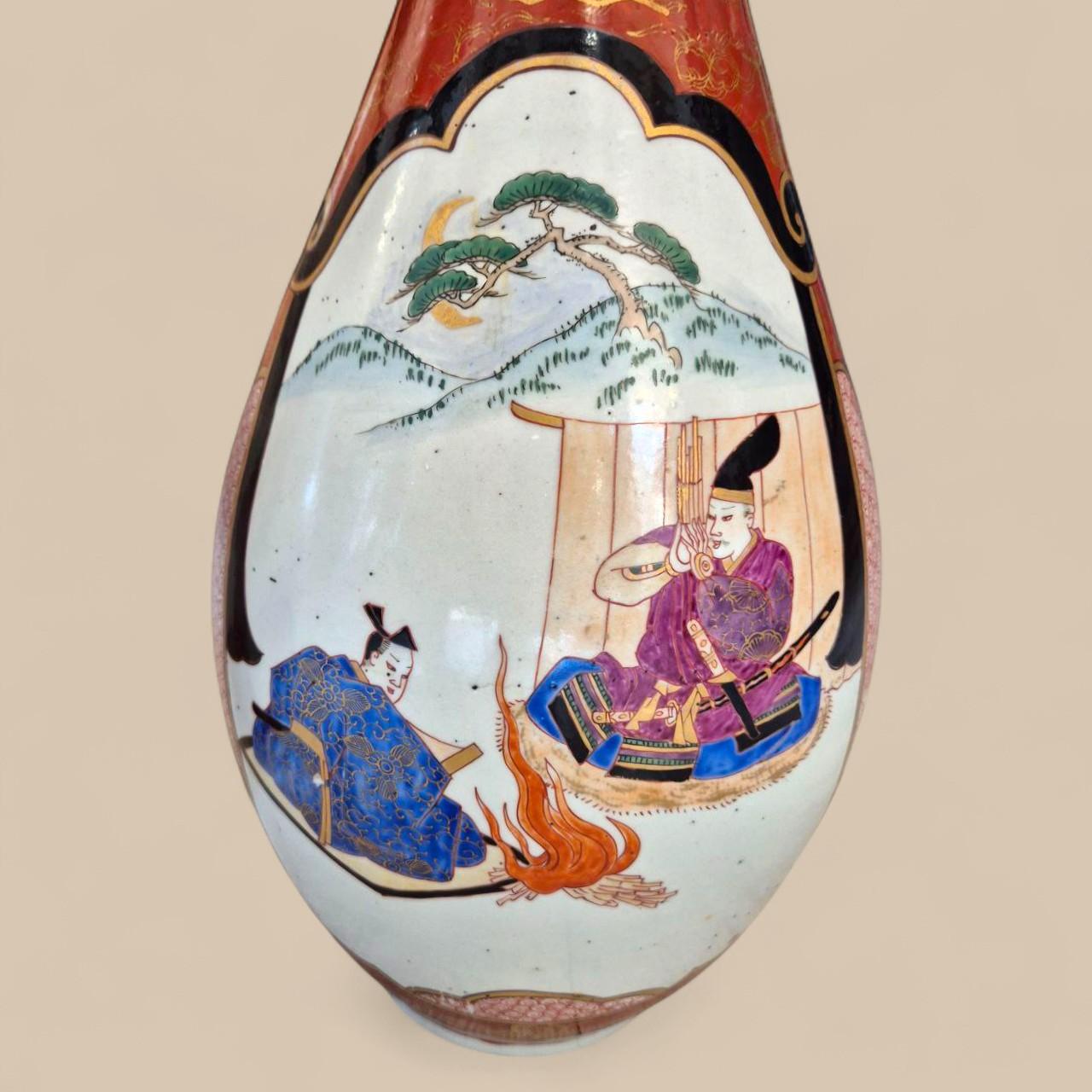 Late 19th Century Pair of Japanese Kutani Porcelain Vases with Flared Collars, Meiji Period, 19th For Sale