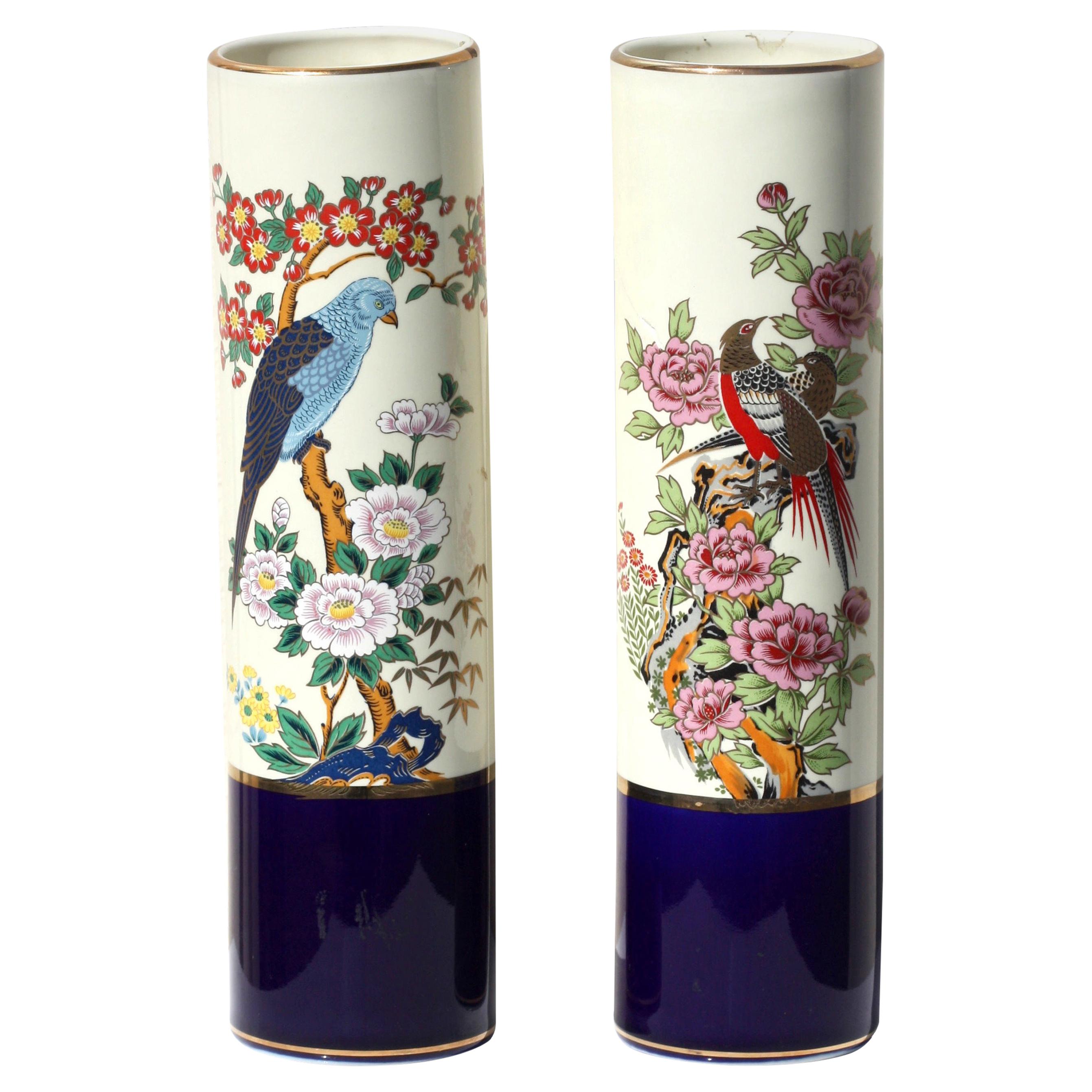 Pair of Japanese Kutani Style Porcelain Cylindrical Vases