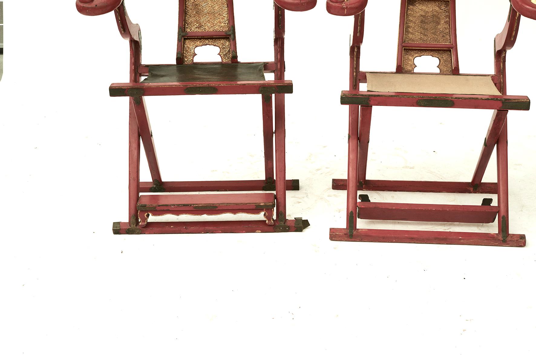 Brass Pair of Japanese Kyokuroku Folding Chairs For Sale