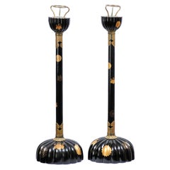 Pair of Japanese Lacquer and Brass Candlesticks