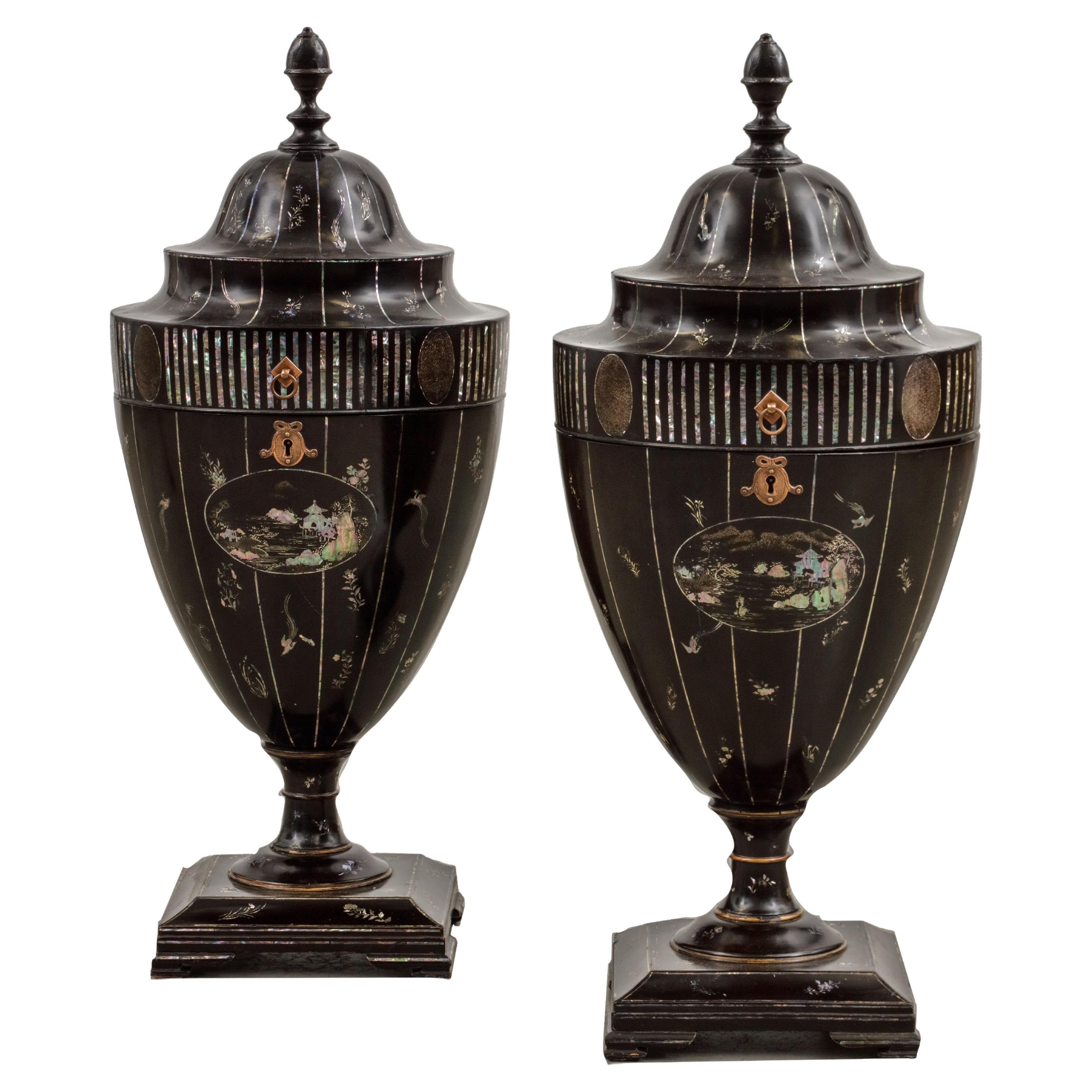 Pair of Japanese Lacquer and Mother-of-Pearl Inlaid Knife Urns, circa 1800-1815