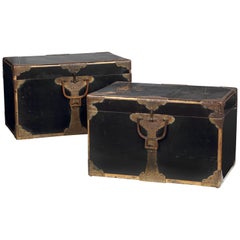 Antique Pair of Japanese Lacquer Bridal Boxes on Modern Steel Frame, Edo, 18th Century