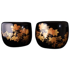Pair of Japanese Lacquer Hibachi with Tropical Motifs — Taishō to Early Shōwa Pe
