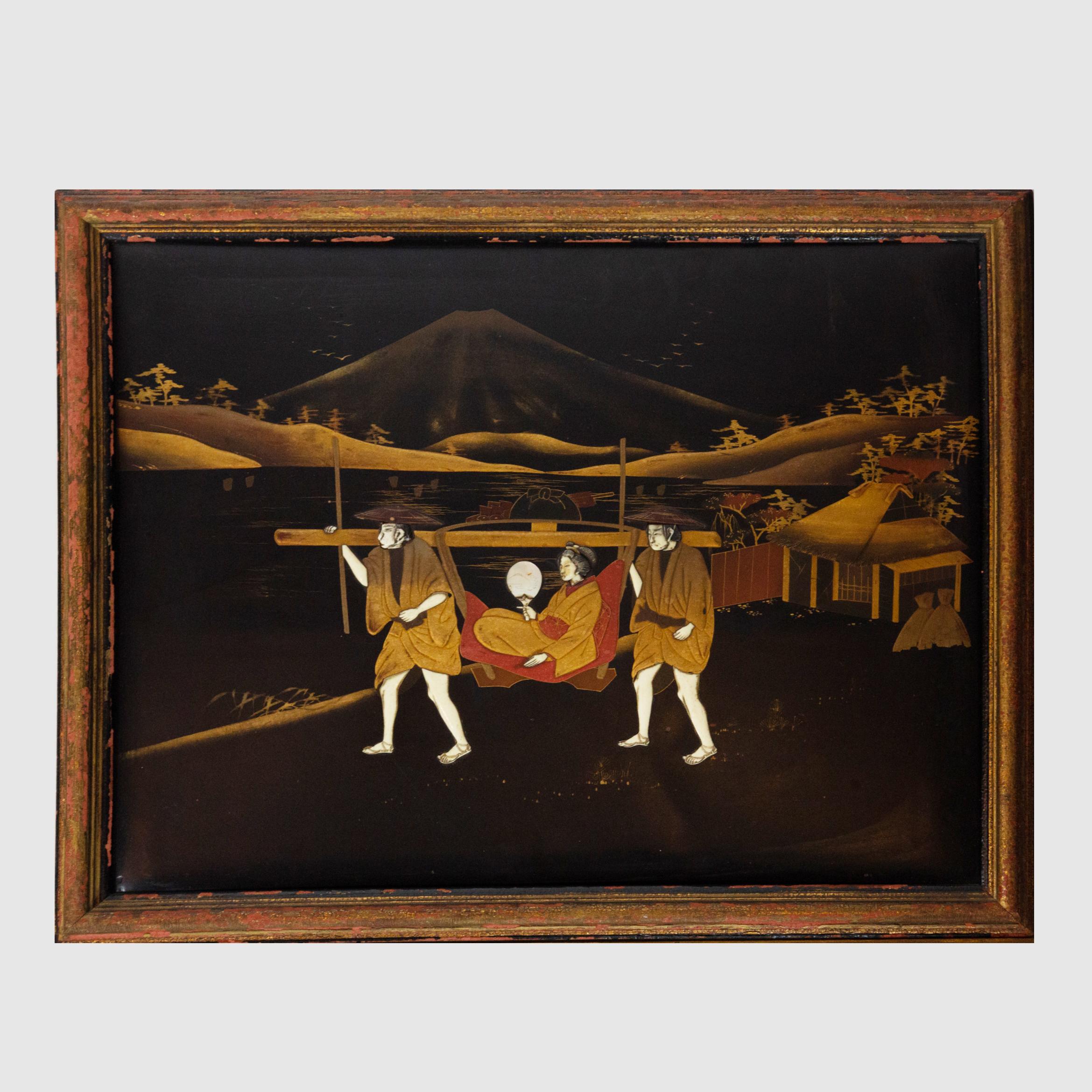 Pair of Japanese lacquered and inlaid plaques. Figures in landscape on black lacquer. Measures: 17