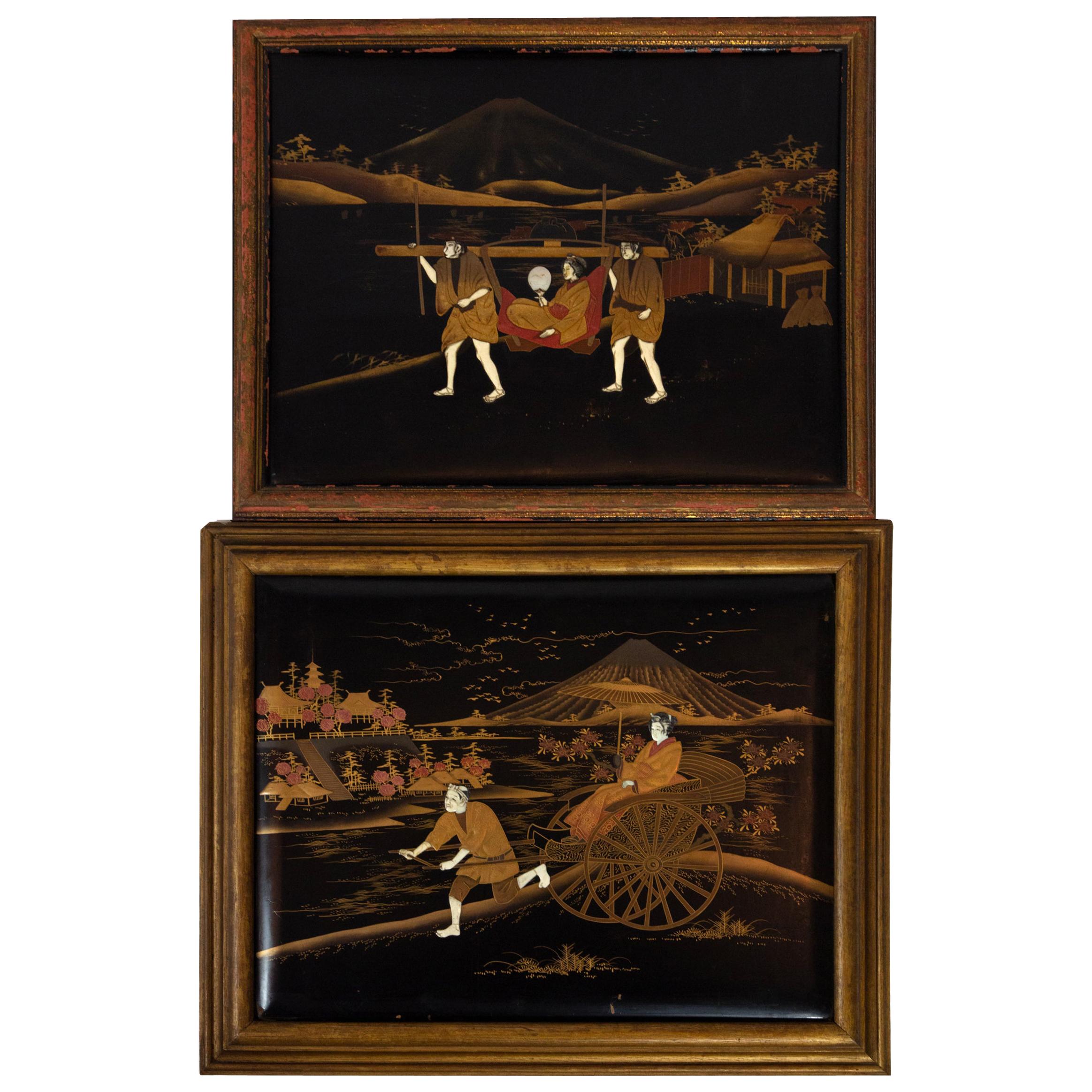 Pair of Japanese Lacquered and Inlaid Plaques