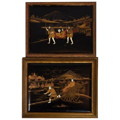 Pair of Japanese Lacquered and Inlaid Plaques