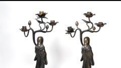 Paar japanische Large Candle Sticks Bronze mit Goldintarsien Statue, 1868-1912