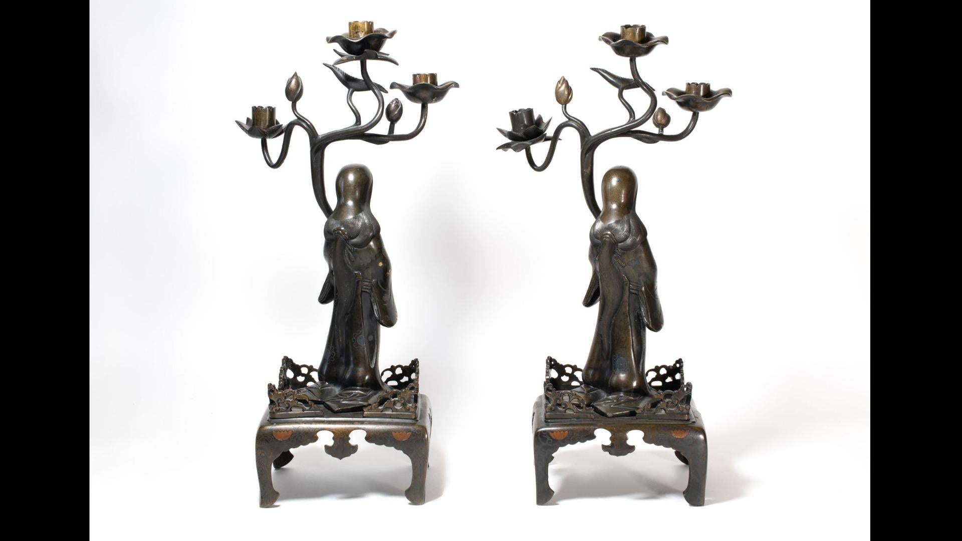 Meiji Pair of Japanese Large Candle Sticks Bronze with Gold Inlay Statue, 1868-1912 For Sale