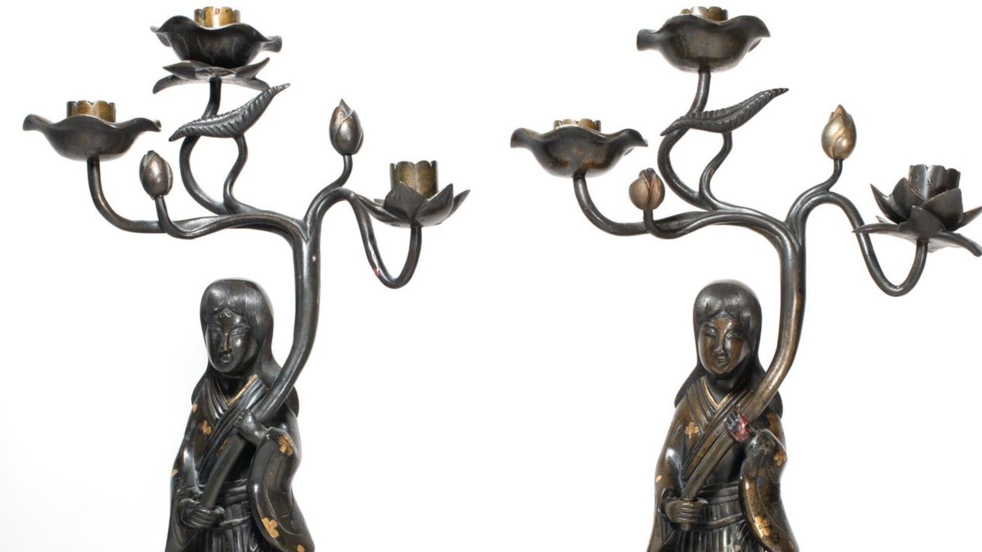 Cloissoné Pair of Japanese Large Candle Sticks Bronze with Gold Inlay Statue, 1868-1912 For Sale