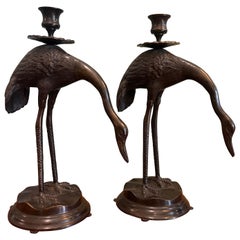 Pair of Japanese Meiji Bronze Crane Form Candlesticks