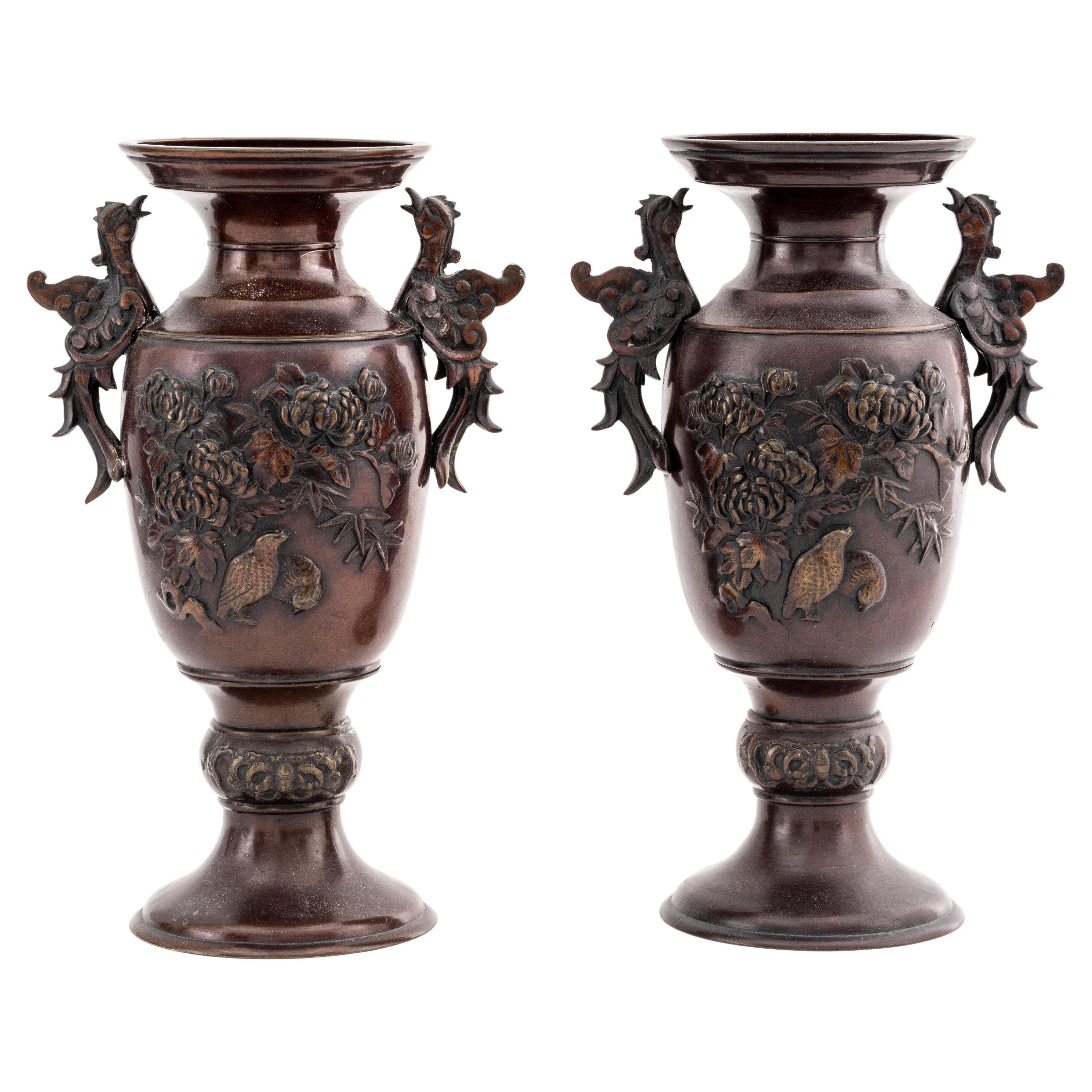 Pair of Japanese Meiji Bronze Vases