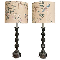 Pair of Japanese Meiji Era Bronze Candle Holders, as lamps with Gracie Shades