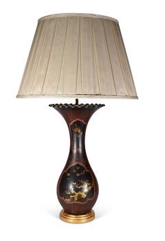 Pair of Japanese Black and Red Meiji 19th Century Antique Lacquer Table Lamps