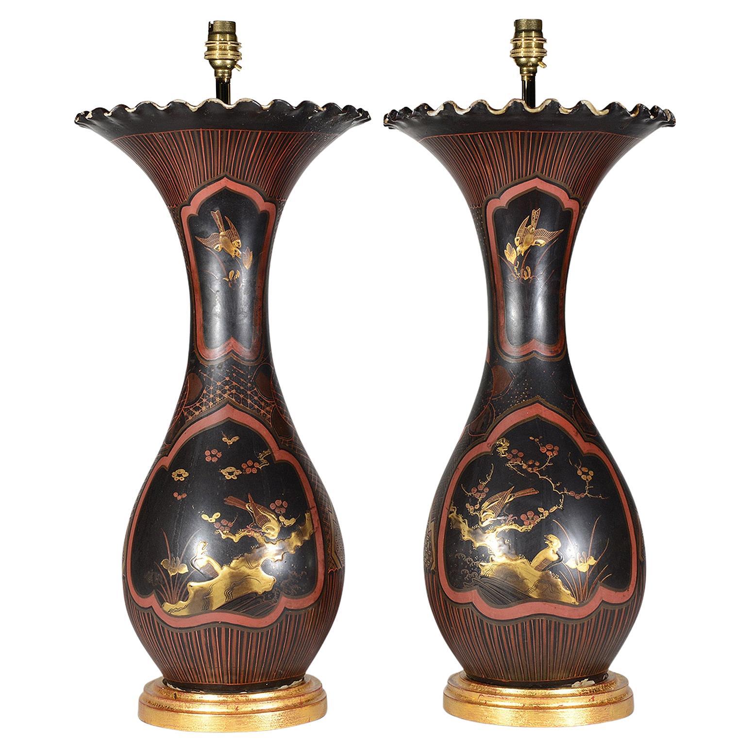Pair of Japanese Black and Red Meiji 19th Century Antique Lacquer Table Lamps