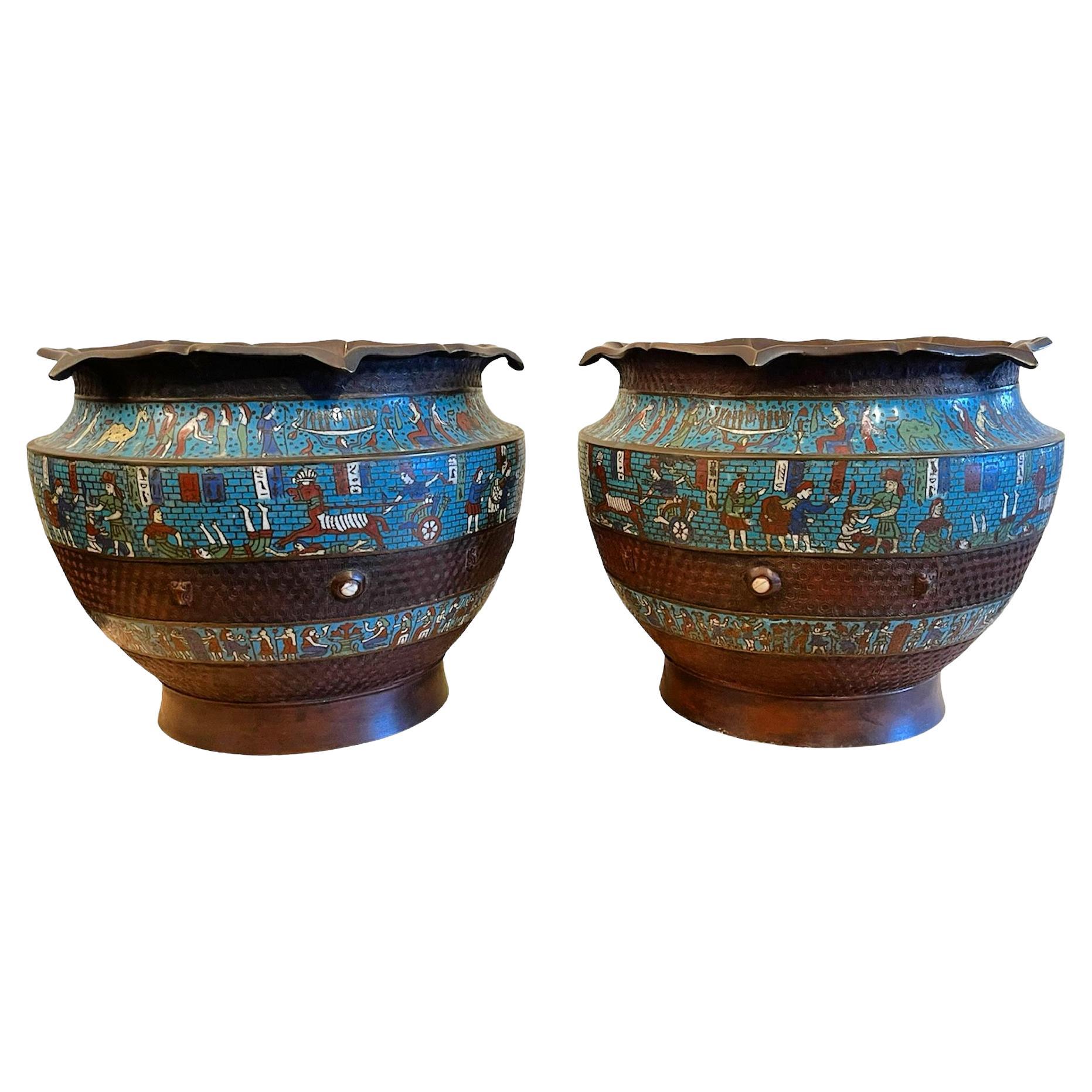 Pair of Japanese Meiji Period Bronze Cachepots For Sale