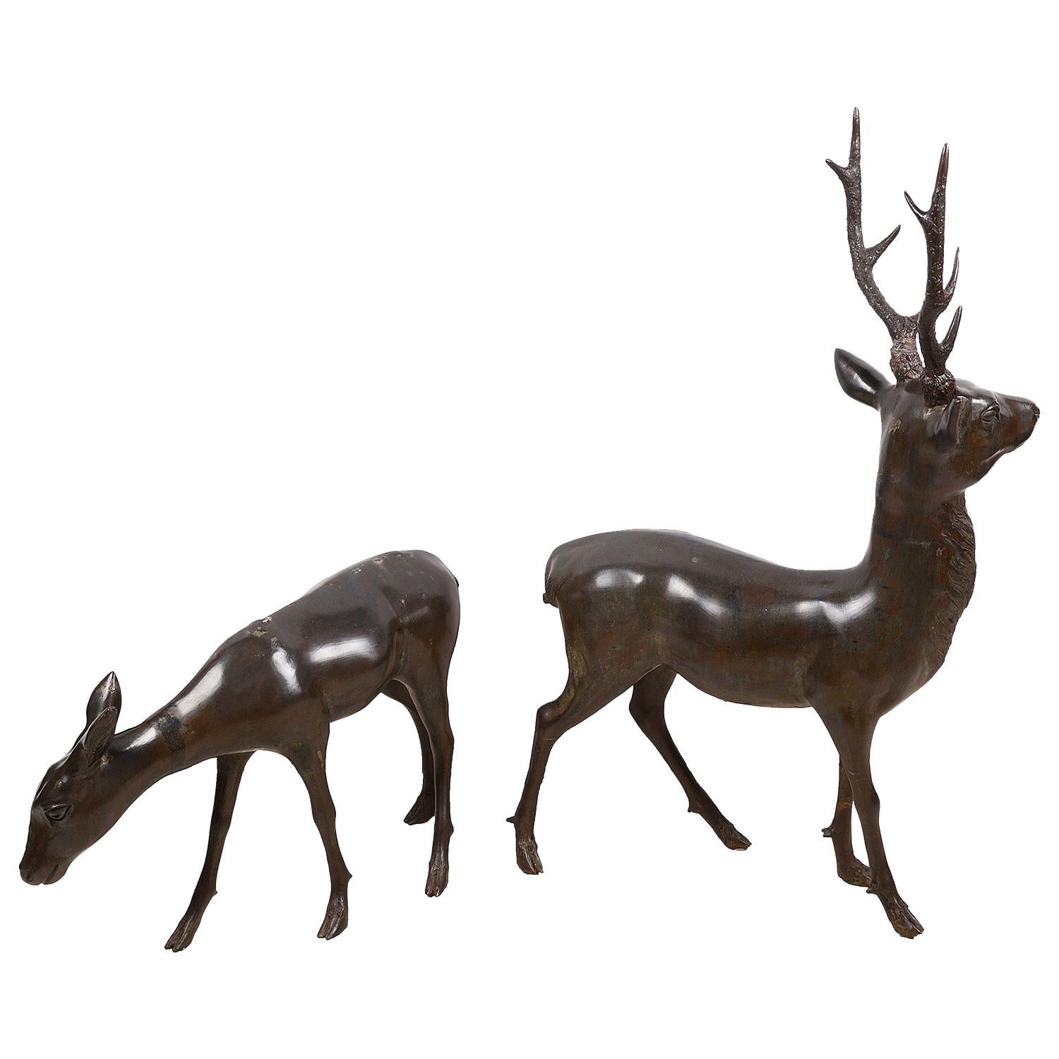 Pair of Japanese Meiji Period Bronze Deer