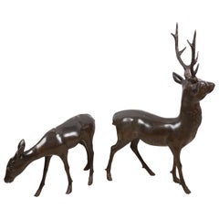 Antique Pair of Japanese Meiji Period Bronze Deer