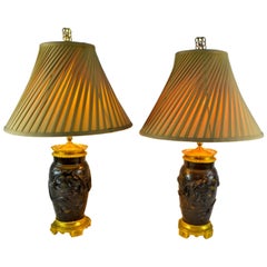 Pair of Japanese Meiji Period Bronze Lamps