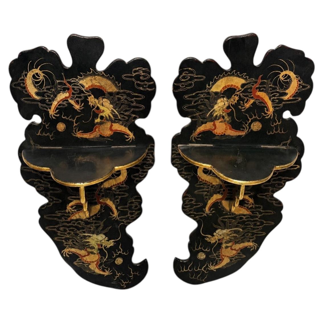 Pair of Japanese Meiji Period Dragon Lacquer Folding Wall Shelves