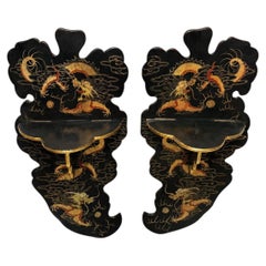 Pair of Japanese Meiji Period Dragon Lacquer Folding Wall Shelves
