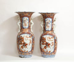 Pair of Japanese Meiji Period Imari Vases with Dragon Handles