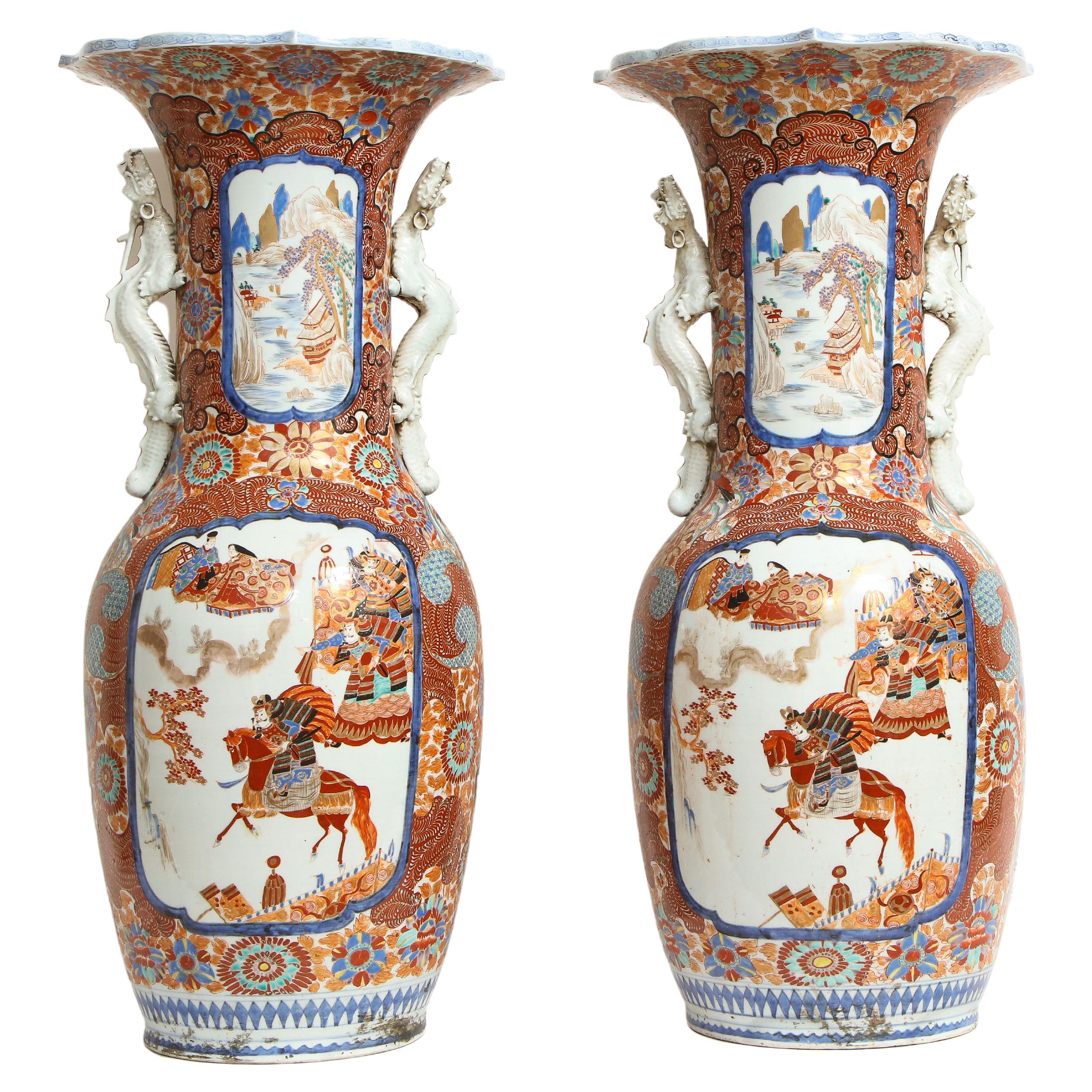 Pair of Japanese Meiji Period Imari Vases with Dragon Handles