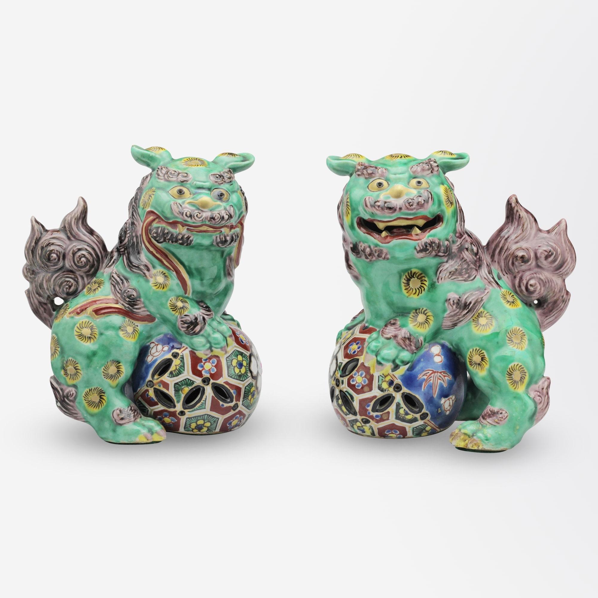 A pair of fine quality Japanese Kutani foo dogs in rich polychrome enamels over porcelain. The pair date to the Meiji period (1868-1912) and are in lovely condition for their age.

Kutani ware is a style of Japanese porcelain traditionally from the