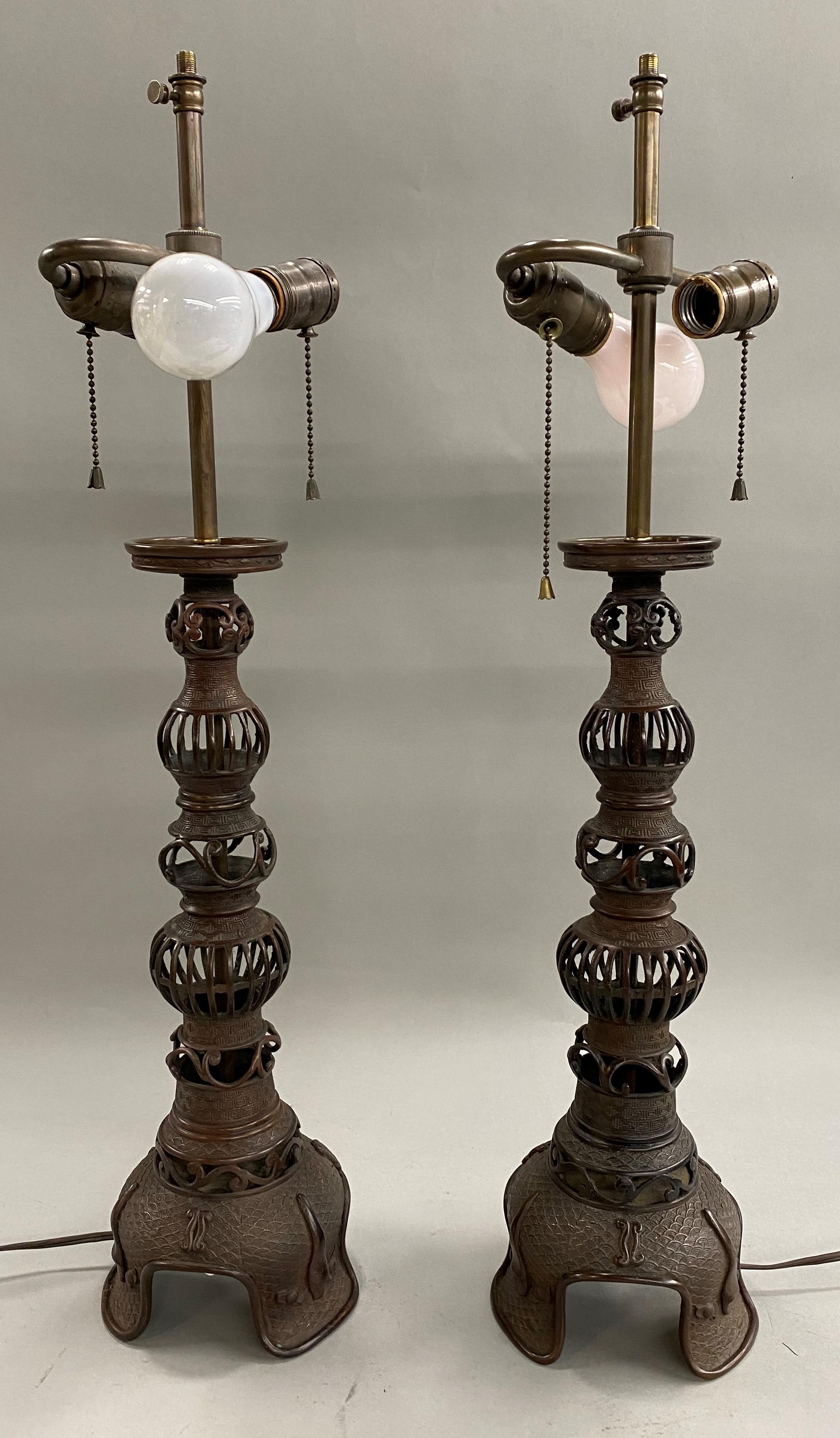 Cast Pair of Japanese Meiji Reticulated Bronze Table Lamps with Decorative Shades