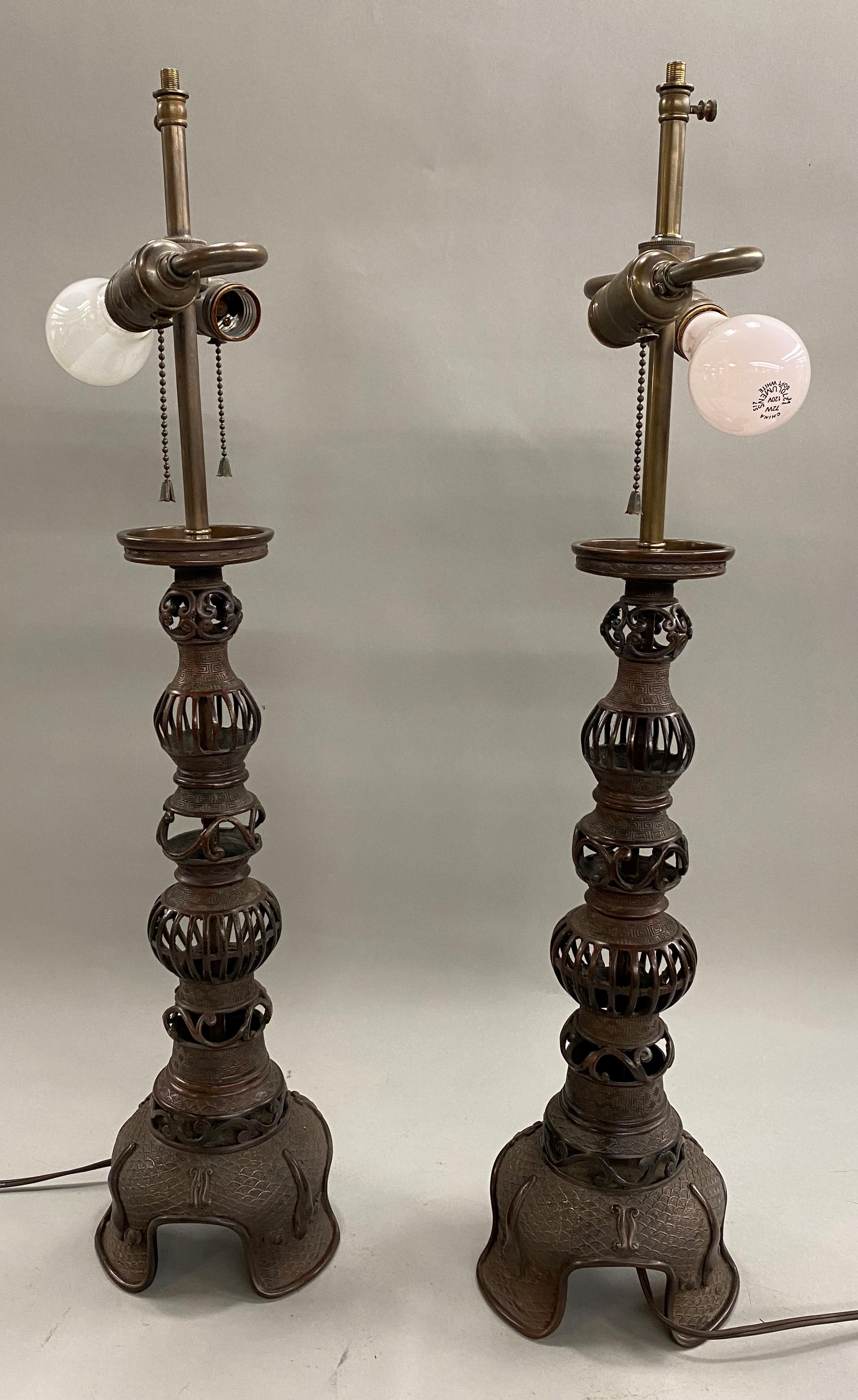 Pair of Japanese Meiji Reticulated Bronze Table Lamps with Decorative Shades In Good Condition In Milford, NH