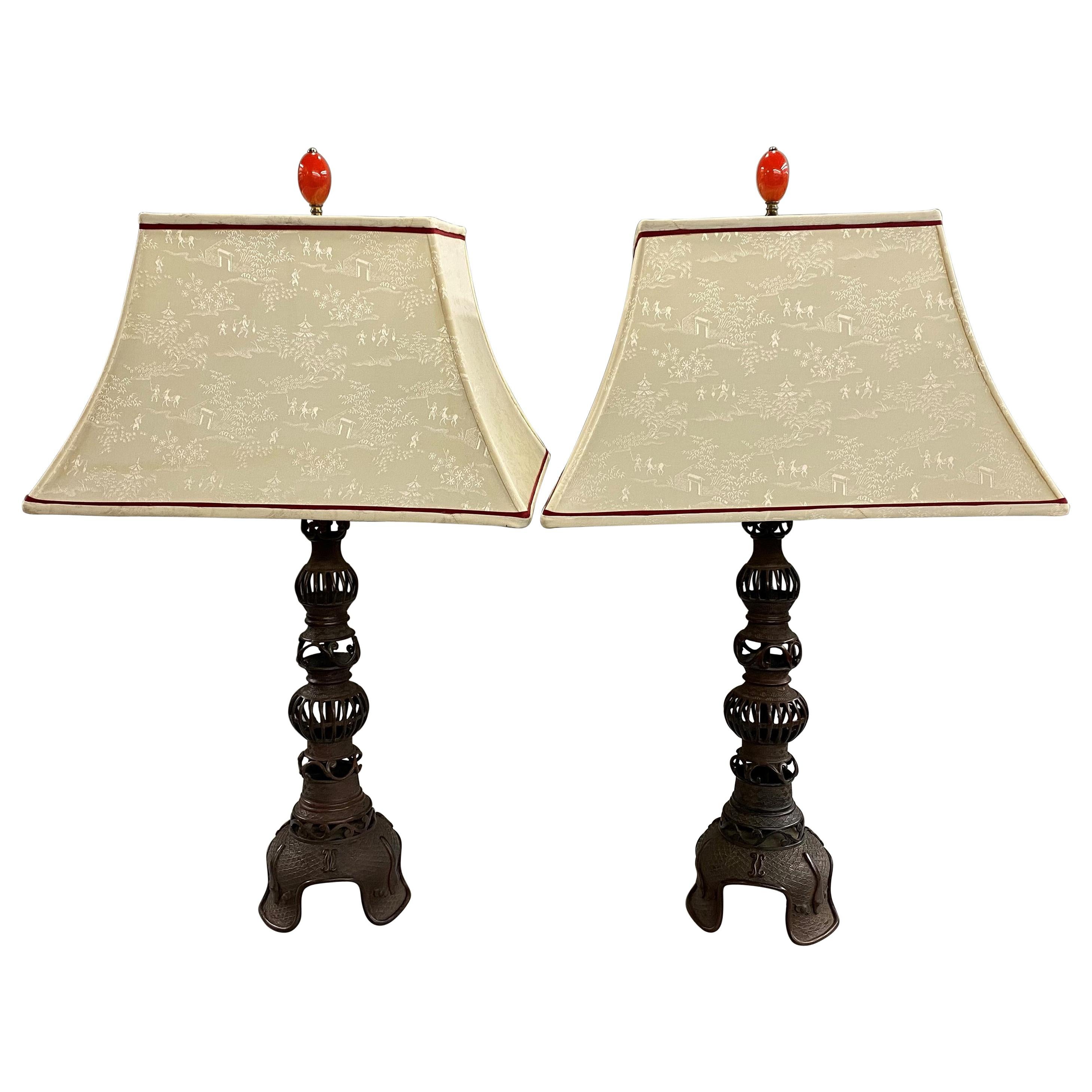 Pair of Japanese Meiji Reticulated Bronze Table Lamps with Decorative Shades