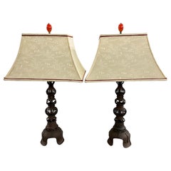 Pair of Japanese Meiji Reticulated Bronze Table Lamps with Decorative Shades