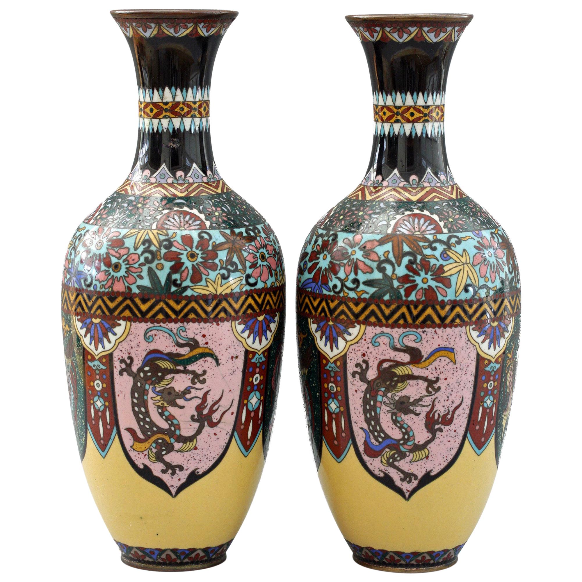 Pair of Japanese Meiji Rooster and Dragon Panel Cloisonné Vases