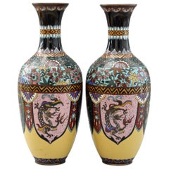 Pair of Japanese Meiji Rooster and Dragon Panel Cloisonné Vases