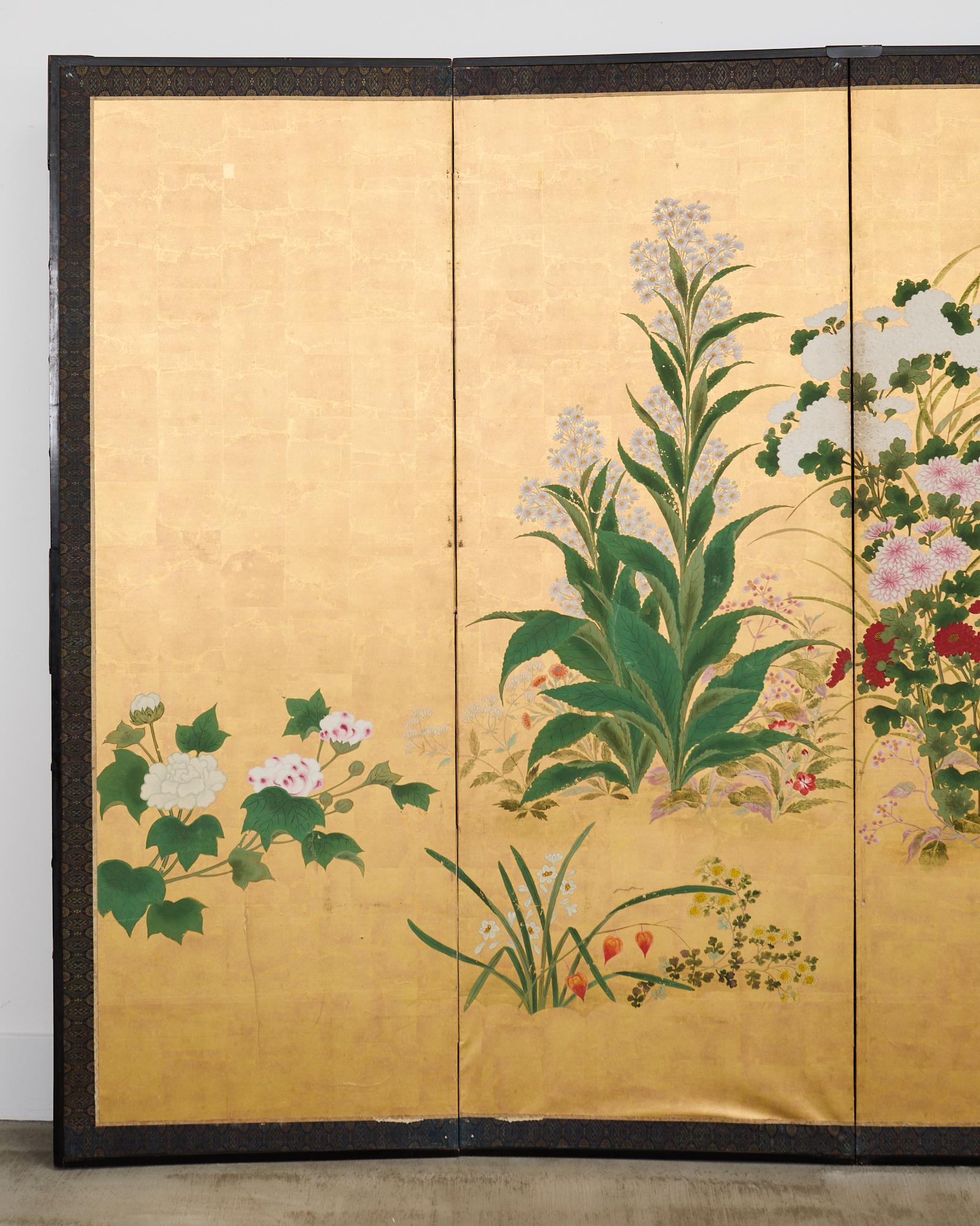 Pair of Japanese Meiji Screens Blossoms of Spring, Summer and Autumn In Distressed Condition For Sale In Rio Vista, CA