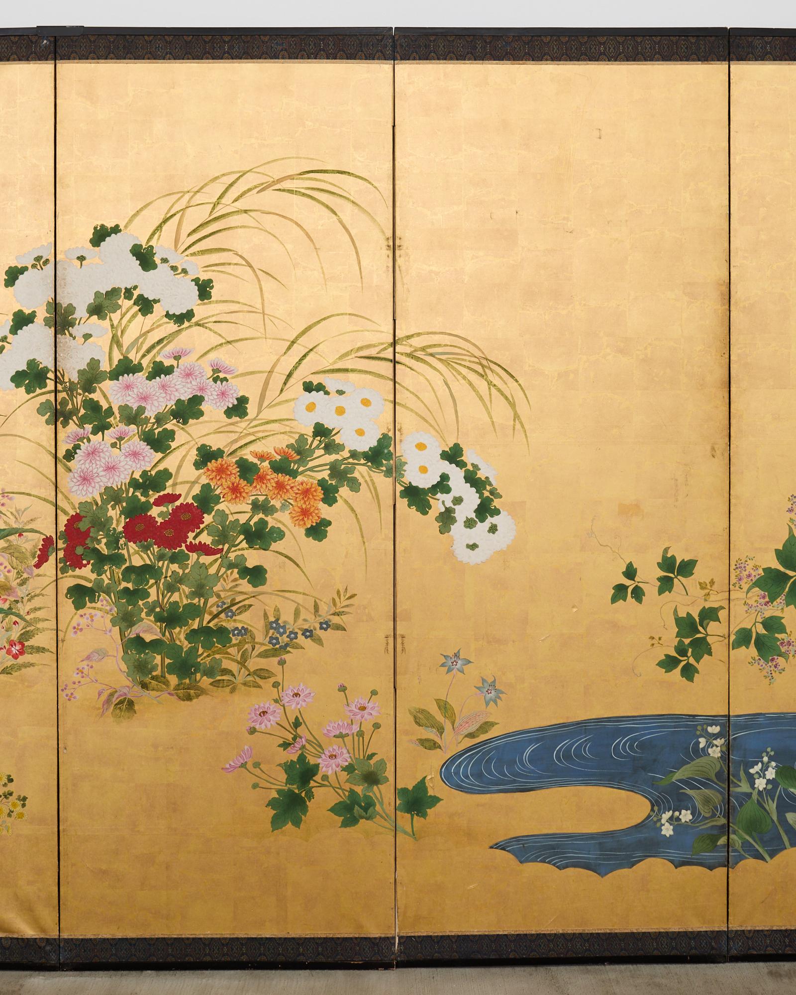 19th Century Pair of Japanese Meiji Screens Blossoms of Spring, Summer and Autumn For Sale