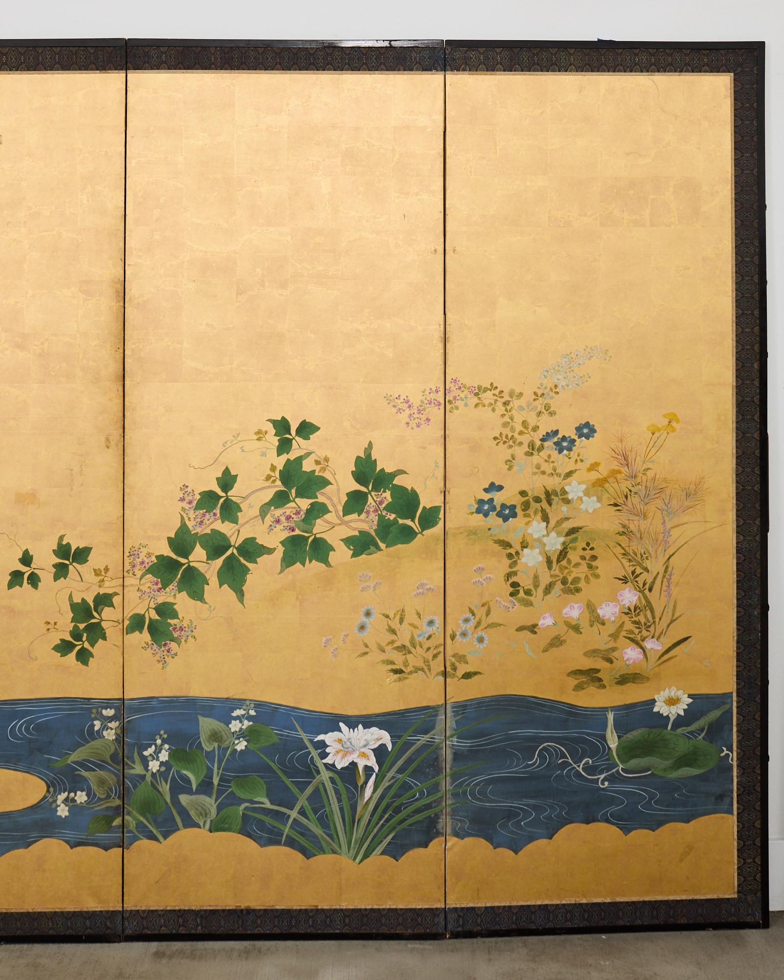 Brass Pair of Japanese Meiji Screens Blossoms of Spring, Summer and Autumn For Sale