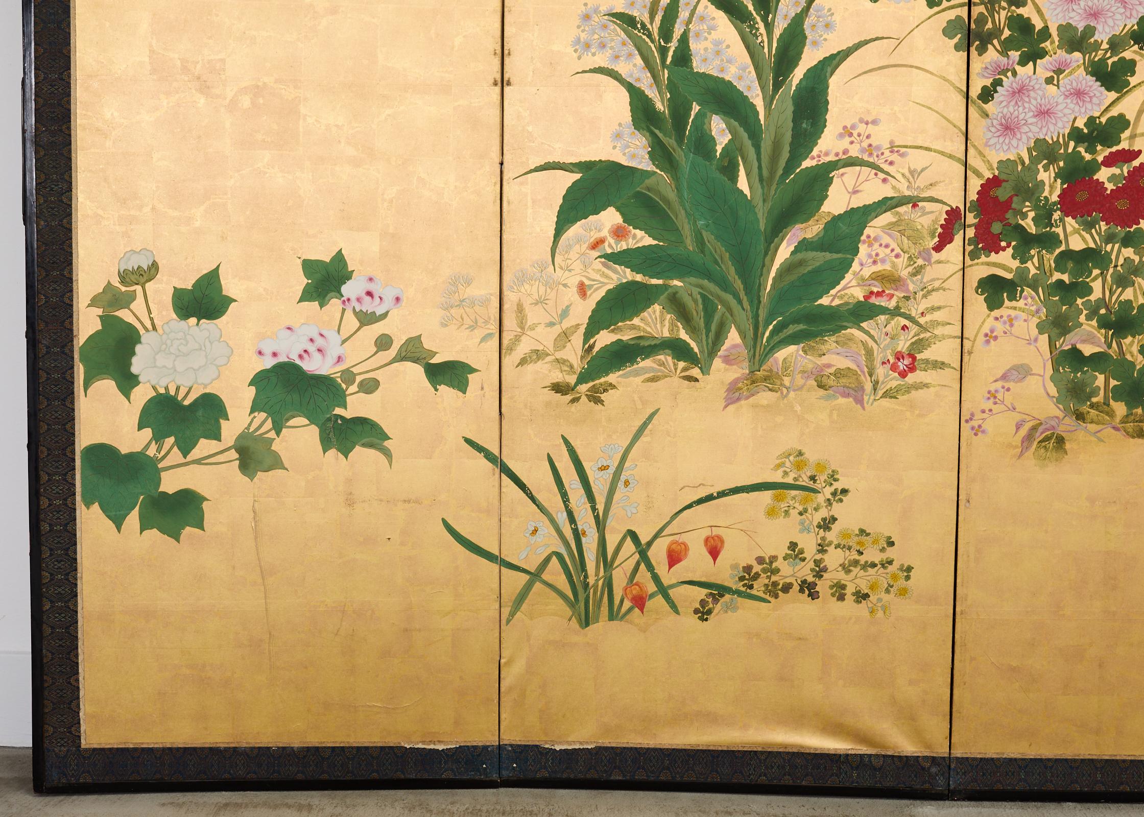 Pair of Japanese Meiji Screens Blossoms of Spring, Summer and Autumn For Sale 2